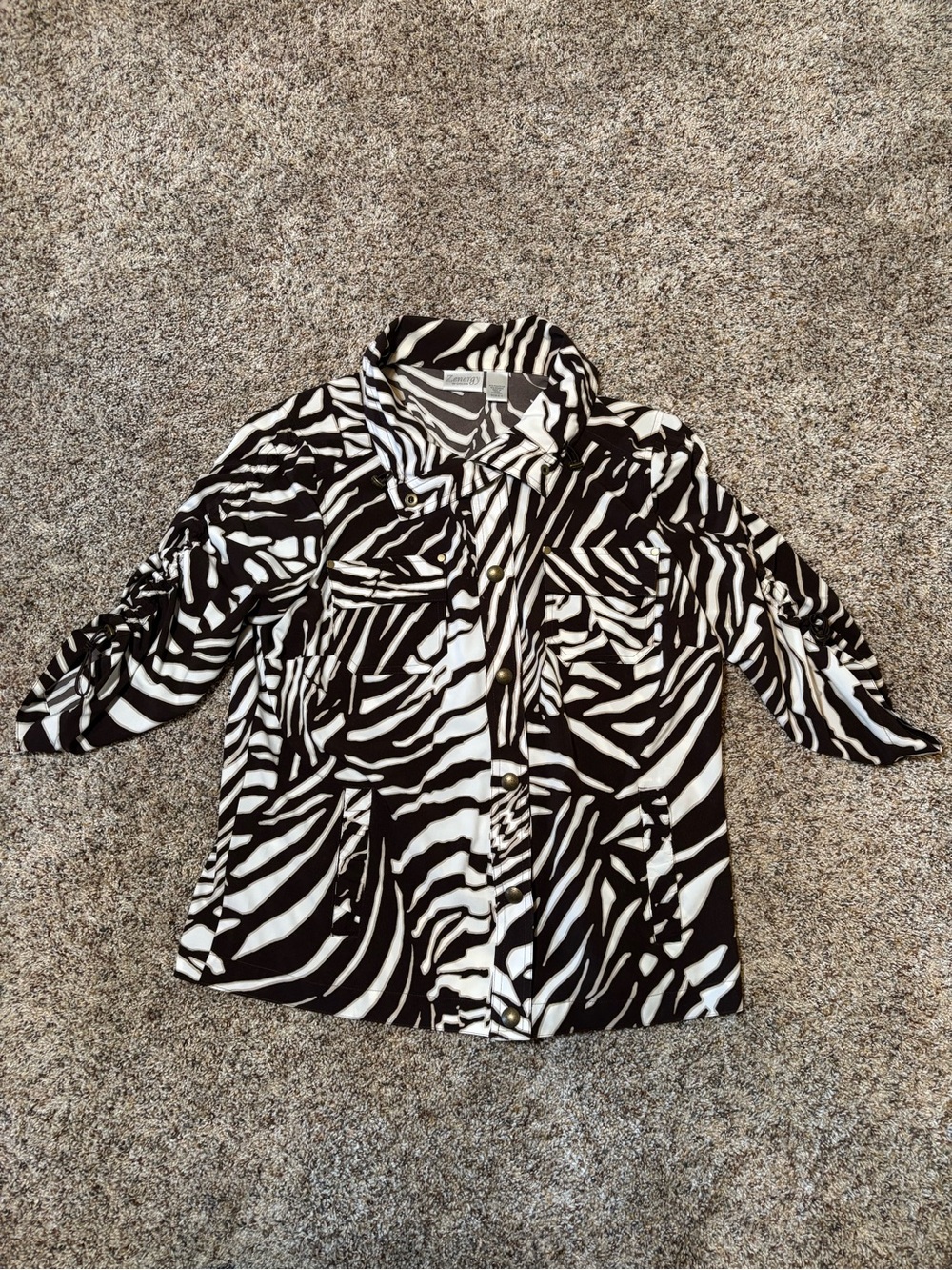 292. Zenergy by Chico's Zebra Print Button-Up Blouse - Black, Beige, & Cream, M